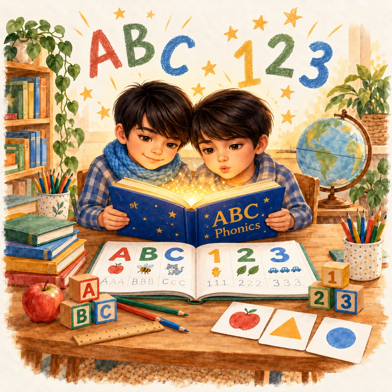 Two boys with dark hair and blue checked shirts reading an ABC Phonics book together, surrounded by alphabet letters, numbers, workbooks, pencils and learning blocks.